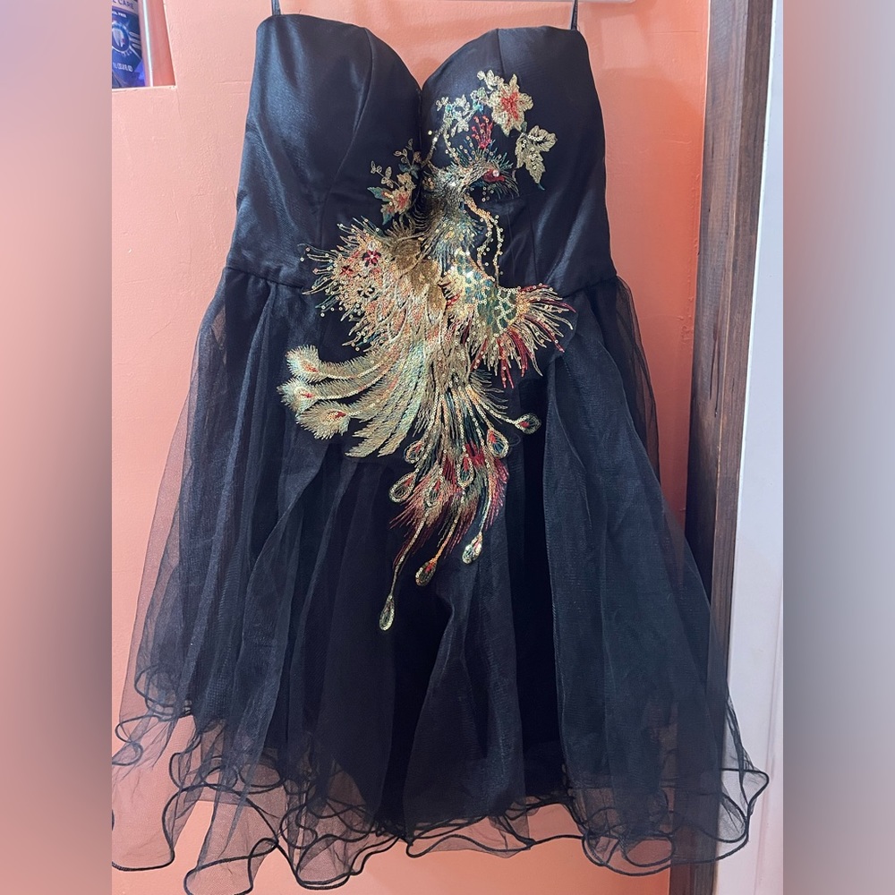 Black cocktail dress w sequin peacock